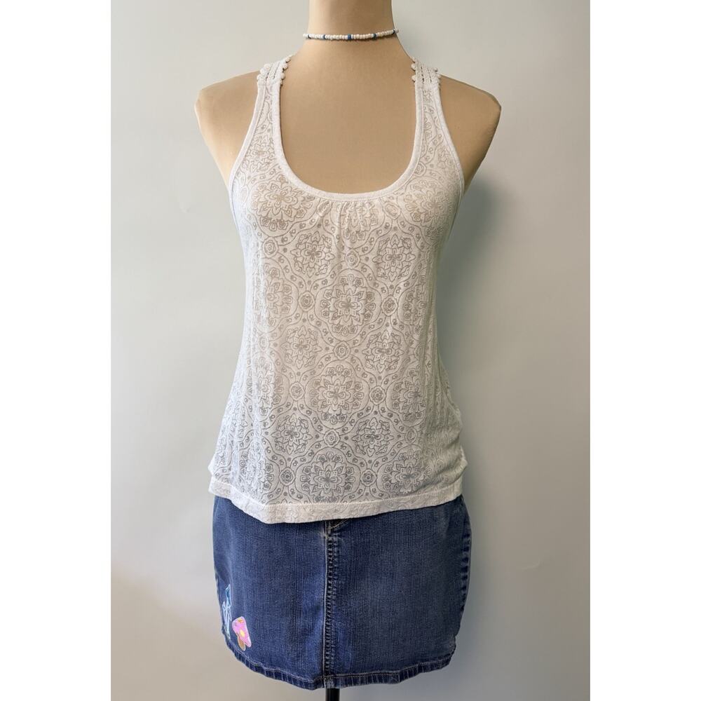 Y2K Lei Crochet Back Tank Top Sheer Large White‎ 2000s Long Preppy Beach